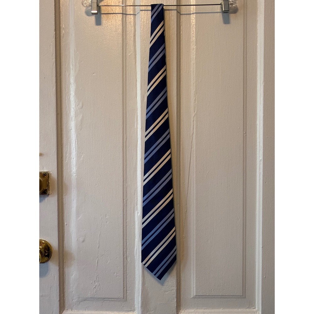 Tasso Elba Mens Navy Blue Light Blue White Striped 100% Silk Necktie Handmade - Picture 2 of 5